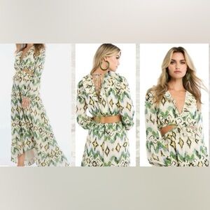 Allison NY Everly Bohemian Maxi Dress In Green/Cream/Blue Accents/Cut Outs: S